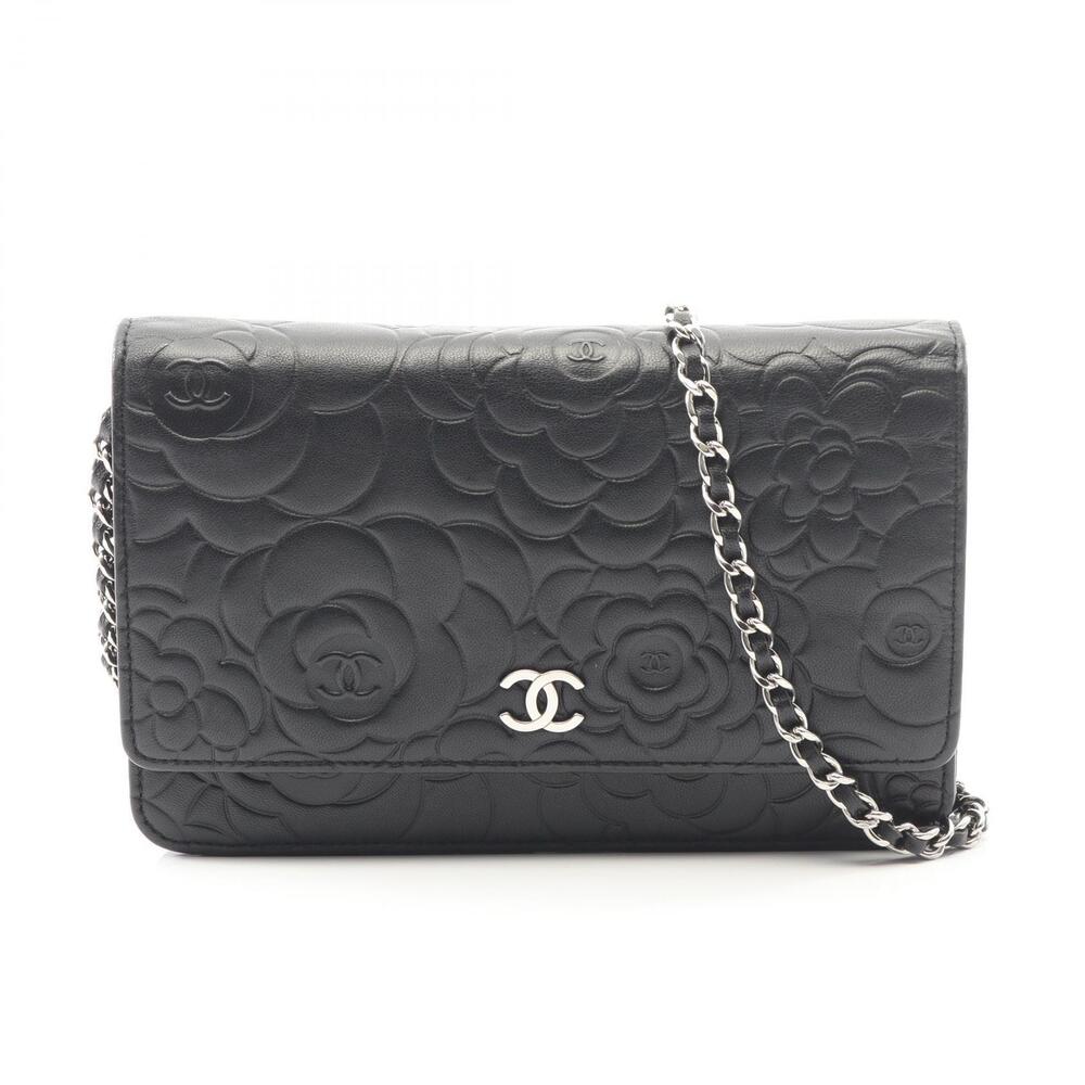 Chanel Camellia Shoulder Bag Lambskin Sheepskin Black